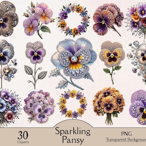 Funkelnde Stiefmütterchen Blumen Clipart, glitzernde Stiefmütterchen Blumen, 30 PNG Cliparts, Kartenherstellung, violette Blumen, Stiefmütterchen Dekor