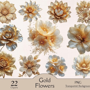 May include: A collection of 22 gold flower cliparts in various designs. The flowers feature intricate details and a metallic gold finish, with some accented by silver and white. The image includes the text "Gold Flowers" and "PNG Transparent Background".