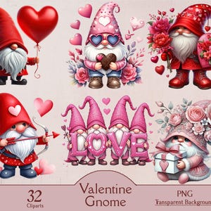 Gnomo de São Valentim, 32 cliparts png, aquarela, dia dos namorados, design de sublimação, digital, clipart de São Valentim, artesanato de São Valentim, para impressão
