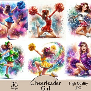 Pode incluir: Uma colagem de seis ilustrações digitais de líderes de torcida em várias poses, cada uma segurando pompons. As líderes de torcida usam uniformes de cores diferentes, incluindo azul, vermelho, verde, amarelo e roxo. O fundo é um design colorido e estrelado. Texto: "36 Designs", "Cheerleader Girl" e "High Quality JPG".