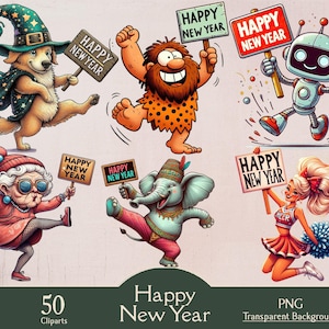 Frohes neues Jahr, Menschen, Tiere, 50 PNG Cliparts, neues Jahr, Feier, Neujahr-Logo, Papiermodell, Tanzen, digital, Sublimation, Design