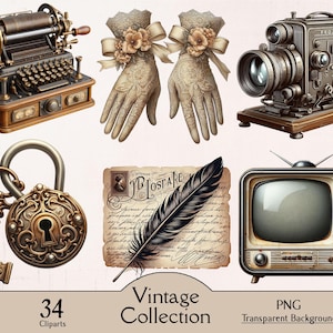 clipart de collection vintage, 34 cliparts PNG avec fond transparent, vieilles choses, objets anciens vintage, journalisation indésirable, choses rétro