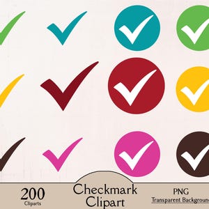 May include: Set of 10 checkmark clipart images in various colours, including green, blue, red, yellow, brown, and pink. Each checkmark is a white checkmark on a coloured circle. The checkmarks are on a transparent background.