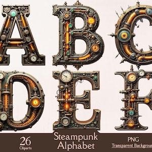 May include: Steampunk alphabet clip art featuring the letters A, B, C, D, E, and F. Each letter is designed with intricate mechanical details, including gears, pipes, and gauges. The letters are in shades of bronze, copper, and gold, with a transparent background.
