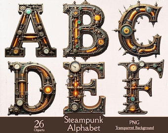 Clipart z alfabetem steampunk, mechaniczne litery fantasy, 26 clipartów PNG, litery steampunk, mechaniczne litery, litery cyberpunk