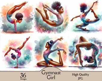 May include: A collection of watercolour illustrations depicting a gymnast in different poses. The images show a gymnast in a leotard with colourful accents, set against a backdrop of pastel watercolour splashes. Text includes "Gymnast Girl", "36 Designs", and "High Quality JPG".