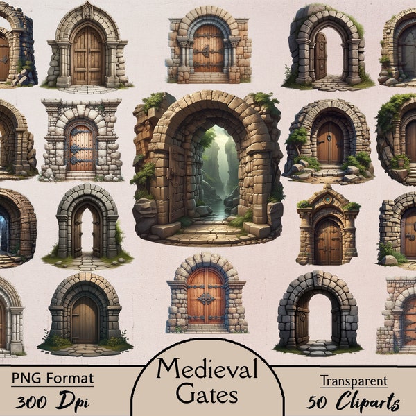 Medieval gates, 50 PNG cliparts, fantasy wooden doors, dungeon entrrance, RPG, games, MMO, fantasy doors, dungeon gates, digital