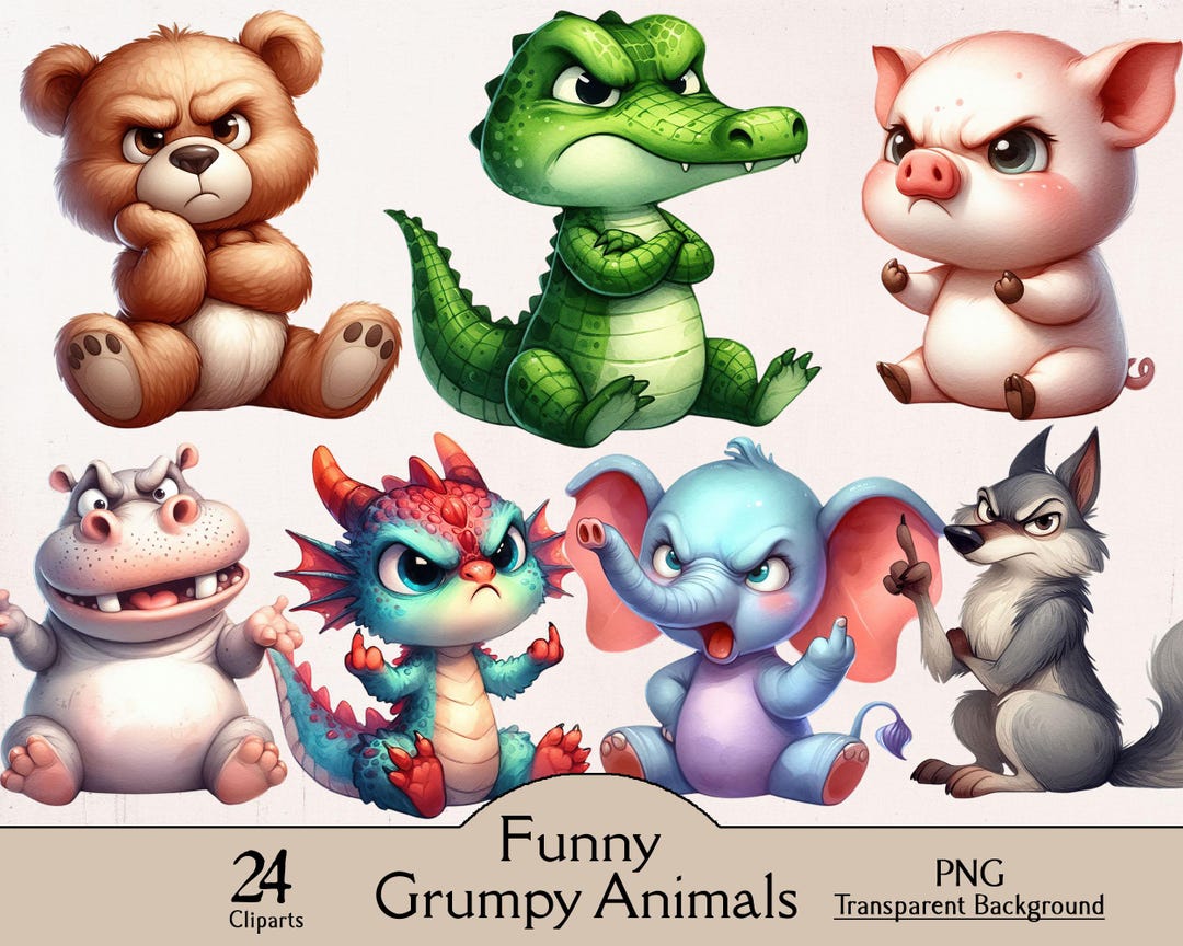 Watercolor Funny Grumpy Animals Cliparts Bundle, Cartoon Pets, 24 PNG ...