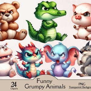 May include: A collection of cartoon clipart featuring grumpy animals, including a bear, alligator, pig, hippo, dragon, elephant, and wolf. The image includes the text "Funny Grumpy Animals" and "24 Cliparts".