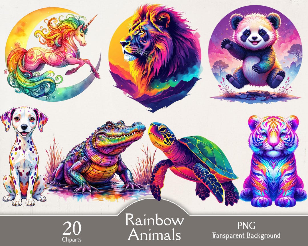 Rainbow Animals Clipart, Colorful Animals, 20 PNG Cliparts, Vibrant ...