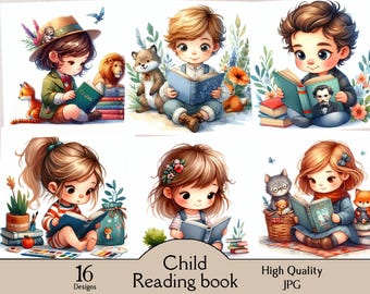 Child reading book, 16 JPG images, nursery, clipart, digital, download, nursery wall art, printable, scrapbooking, watercolor, peper craft