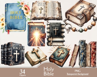 Holy Bible clipart bundle, watercolor Holy book, 34 PNG cliparts, faith based digital art, Christian graphics, junk journal, Christian book