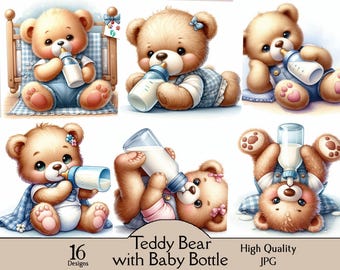 Teddy bear with baby bottle, 16 JPG images, bear with milk bottle, nursery decor, cute animal, digital prints, digital, download, clipart