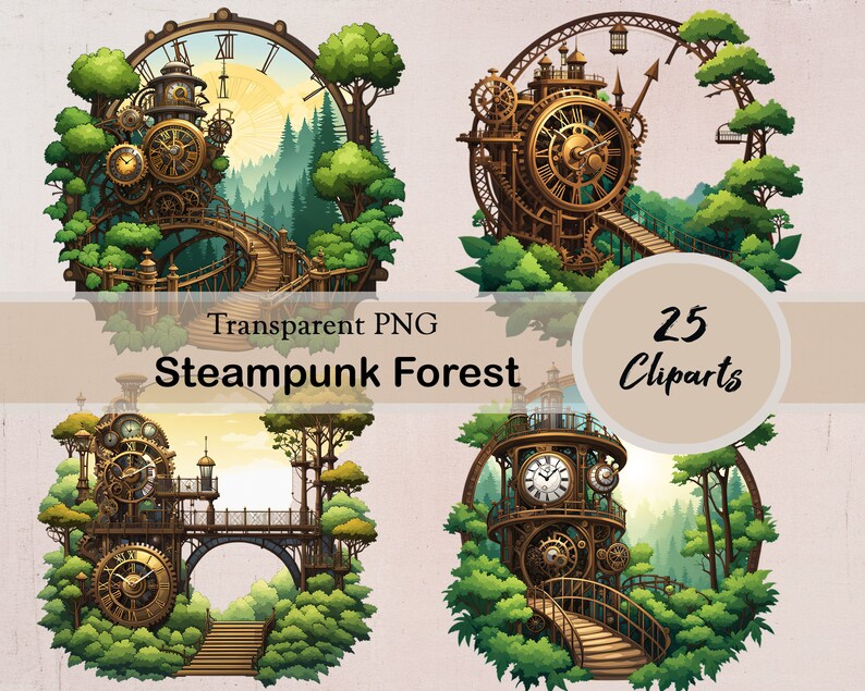 Steampunk Style Tree Steampunk Forest, 25 PNG Cliparts, Junk Journal, Scrapbook, Steampunk ...