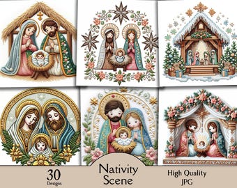 Nativity Scene, 30 JPG images, embroidered, clipart, christmas, digital, printable, embroidery, winter holidays, baby Jesus, paper craft