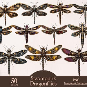 May include: A collection of ten steampunk dragonfly cliparts. The dragonflies feature intricate mechanical details, gears, and metallic accents in shades of gold, bronze, and silver. The image includes the text "Steampunk Dragonflies" and "50 Cliparts".