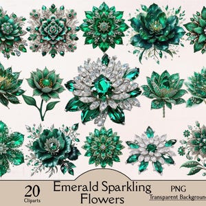 Emerald sparkling flower clipart, glitter flower, 20 PNG cliparts, crystal flowers, card making, emerald green flower, decor glittery flower