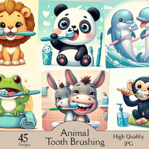 Cepillado de dientes de animales, 45 imágenes JPG, dientes blancos, limpieza individual, limpieza de dientes, cepillado de dientes, dibujos animados, guardería, digital, arte de pared