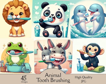 Animal tooth brushing, 45 JPG images, white teeth, individual cleaning, tooth cleaning, brushing teeth, cartoon, nursery, digital, wall art