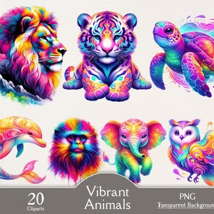 Op de afbeelding: Een verzameling levendige dierencliparts, waaronder een leeuw, een tijger, een schildpad, een dolfijn, een aap, een olifant en een uil. Elk dier is weergegeven in een regenboog van kleuren met ingewikkelde details. De tekst "Vibrant Animals" en "PNG Transparent Background".
