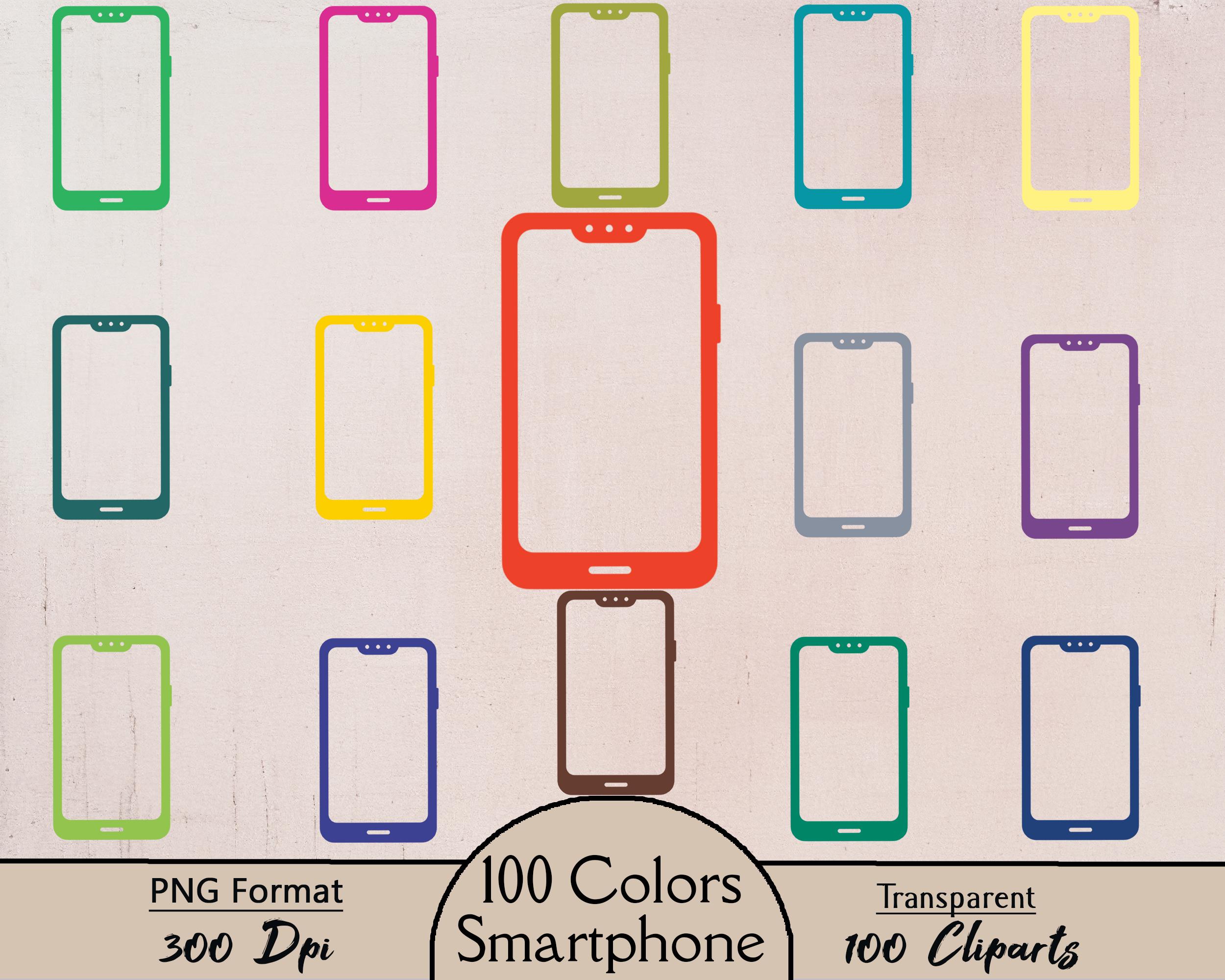 100 smartphones, smartphone 100 couleurs, 100 cliparts PNG, téléchargement numérique, transparent, 100 couleurs, téléphone portable, téléphone portabl