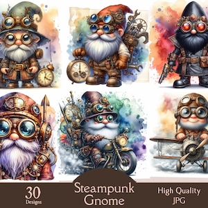 May include: A set of 30 digital illustrations of steampunk gnomes in various poses and settings. The gnomes are wearing goggles, hats, and other steampunk accessories. The illustrations are in a watercolor style and feature a variety of colors, including red, blue, green, and brown. High quality JPG.