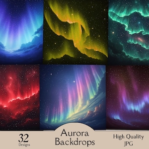May include: A collection of six digital art images showcasing the aurora borealis. The images feature vibrant colors including blue, green, red, and purple, with starry skies and cloud formations. Text on the image reads "Aurora Backdrops" and "32 Designs".