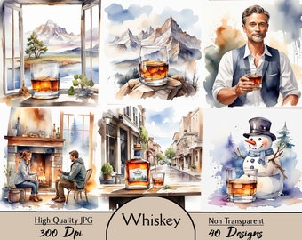 Whisky, 40 JPG-afbeeldingen, whiskyglas, whisky met ijs, aquarel, clipart, digitaal, downloaden, afdrukbaar, junk journal, drankje, alcohol