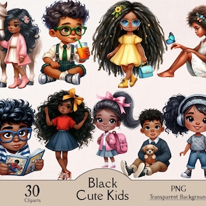 Schwarze süße Kinder Clipart Bundle, 30 PNG Cliparts, niedliche afroamerikanische Kinder, Hobby Kinder, schwarze Kinder Clipart, Junk Journaling