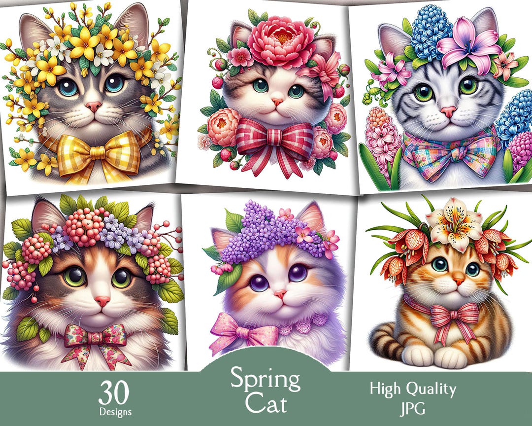 Spring Cat, 30 Jpg Images, Flowers, Spring, Clipart, Digital, Download ...