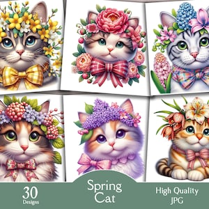 May include: Six digital illustrations of cats wearing flower crowns. Each cat has a different colour and pattern of fur and a different type of flower crown. The text "Spring Cat" is at the bottom of the image.