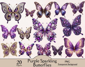 Purple sparkling butterfly, glitter butterfly, 20 PNG cliparts, wedding invitation card making, butterfly clipart, purple decor butterflies