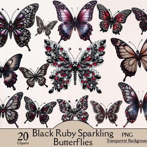 May include: A collection of 20 digital clip art images of butterflies with a transparent background. The butterflies feature black, ruby red, and silver designs. The text reads "Black Ruby Sparkling Butterflies".