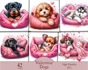 Cute valentine dogs, 42 jpg images, romantic, valentine&#39;s day, heart, love, cute dog, clipart, digital, download, lovable, adorable