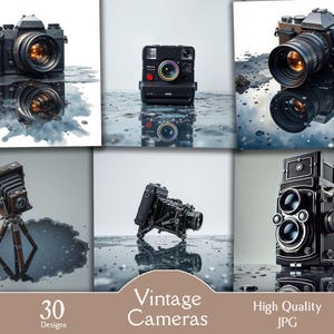 Vintage camera, 30 JPG images, watercolor, retro camera, on wet floor, reflect, photo camera, photography, digital, clipart, junk journal