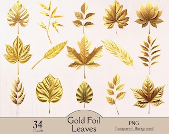Gold foil leaves, 34 PNG cliparts, gold leaves, palm leaf, pine tree leaf, leaf clipart, golden leaf, silver leaf, tropical leaves,printable