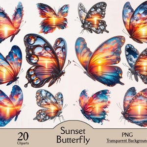 Borboleta do pôr do sol, borboleta brilhante, 20 clipart PNG, borboleta de folha metálica, criação de cartões, clipart de borboleta floral, decoração de arte com borboletas e flores