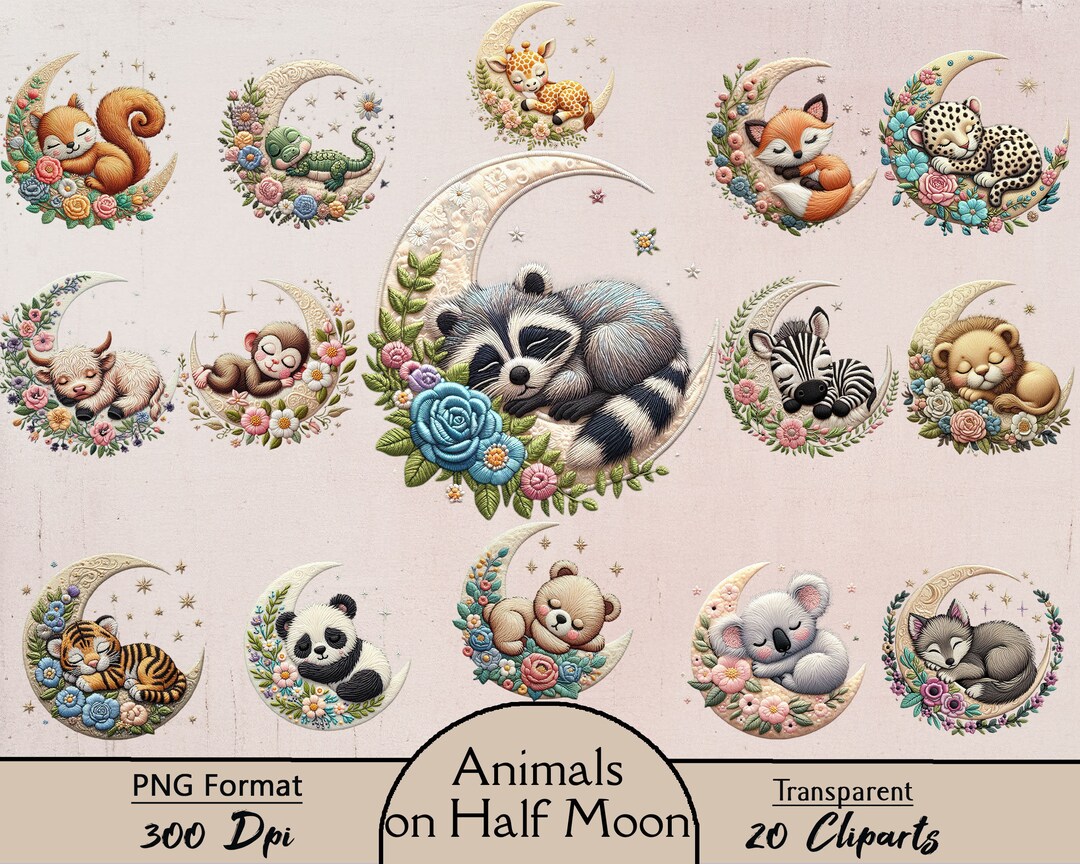 Animals on Half Moon, 20 PNG Cliparts, Halfmoon, Animals, Cute
