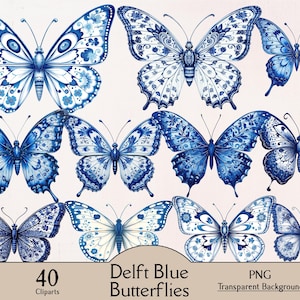 May include: A collection of 10 blue and white Delft-style butterfly cliparts with intricate patterns. The butterflies are in various poses, with detailed wing designs. The image includes the text "Delft Blue Butterflies" and "40 Cliparts".