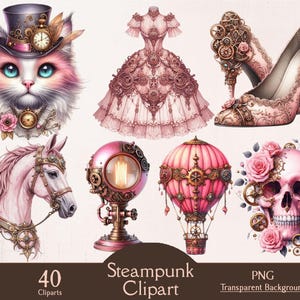 Könnte beinhalten: Eine Sammlung von Steampunk-Cliparts mit einer rosa Katze mit Zylinder, einem Kleid, High Heels, einem Pferd, einer Lampe, einem Heißluftballon und einem Totenkopf. Der Text "Steampunk Clipart" und "40 Cliparts" ist ebenfalls vorhanden.