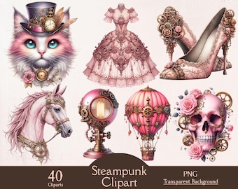 Pink steampunk clipart, pink steampunk collection, 40 PNG cliparts, pink steampunk gadgets, steampunk victorian, ephemera junk journaling,
