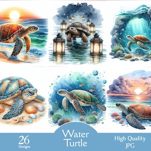 Tortue d'eau, tortue de mer, tortue marine, 26 images JPG, clipart tortue, tortue d'été, tortue aquarelle, lot de clipart animal océanique