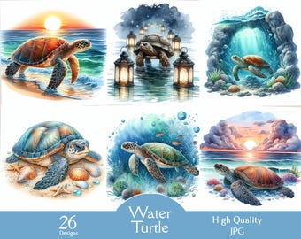 Puede incluir: Una colección de 26 ilustraciones digitales con tortugas marinas en varios entornos. Las imágenes muestran tortugas nadando en el océano, descansando en la playa y nadando a través de una cueva. Las imágenes son JPG de alta calidad.