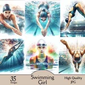 Puede incluir: Una colección de ilustraciones estilo acuarela que presentan a una nadadora en varias poses. Las imágenes muestran a una nadadora buceando, nadando bajo el agua y en el agua. Se incluye el texto "Swimming Girl" y "35 Designs".