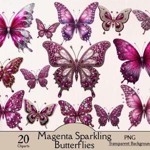 Borboleta magenta brilhante, borboleta roxa com glitter, 20 clipart PNG, criação de cartões, clipart de borboleta magenta, borboletas roxas