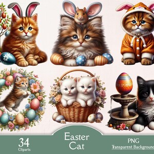 Chat de Pâques, 34 images clipart PNG, paquet de Pâques, clipart Pâques, aquarelle, clipart printemps, scrapbooking, animaux de Pâques, clipart floral