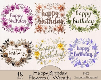 Fleurs et couronnes de joyeux anniversaire, logos de joyeux anniversaire, 48 cliparts PNG, clipart graphiques de fête, fabrication de cartes de joyeux anniversaire, journalisation indésirable