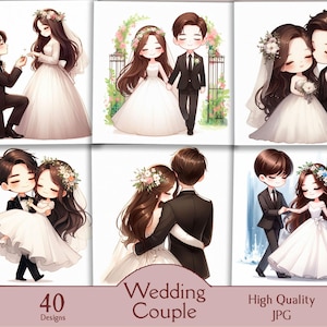 May include: A collection of six illustrations featuring a cartoon wedding couple. The bride wears a white wedding dress and veil, and the groom wears a black tuxedo. The text "Wedding Couple" and "40 Designs" are visible.