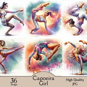 Watercolor capoeira girl, colorful capoeira performing girl clipart, 36 JPG images, Brazilian martial art and dance, dance acrobatics girl