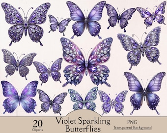 Violet sparkling butterfly, glitter butterfly, 20 PNG cliparts, wedding invitation card making, butterfly clipart, violet purple butterflies